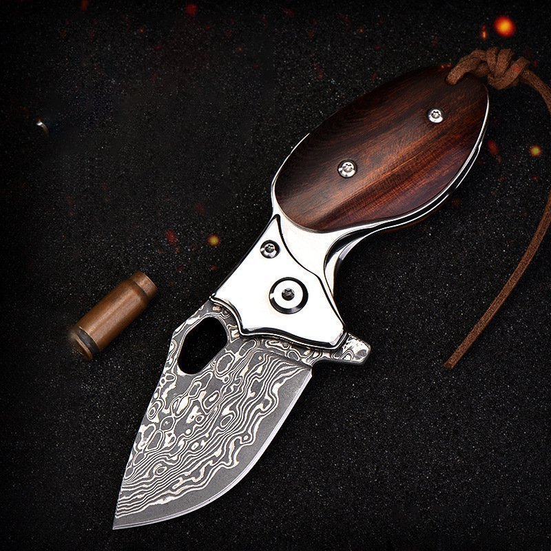 23453946183_524699408.jpg Rosewood Damascus steel knife folding knife Compact knife disassembled mini keychain portable folding knife
