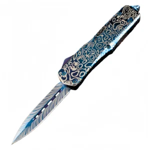 Blue titanium alloy straight out switchblade knife