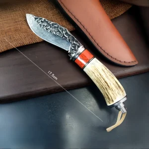 Damascus forged steel camping small straight knife antler handle knife