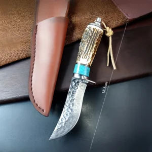 Damascus forged steel camping small straight knife antler handle knife