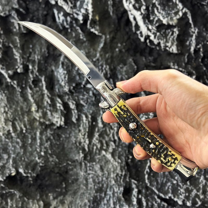 O1CN01Qr5yJ81tCDqeC6o39_2215853255865-0-cib.jpg 9 Inch Faux Deer Bone Curved Blade Switchblade Stiletto Switchblade